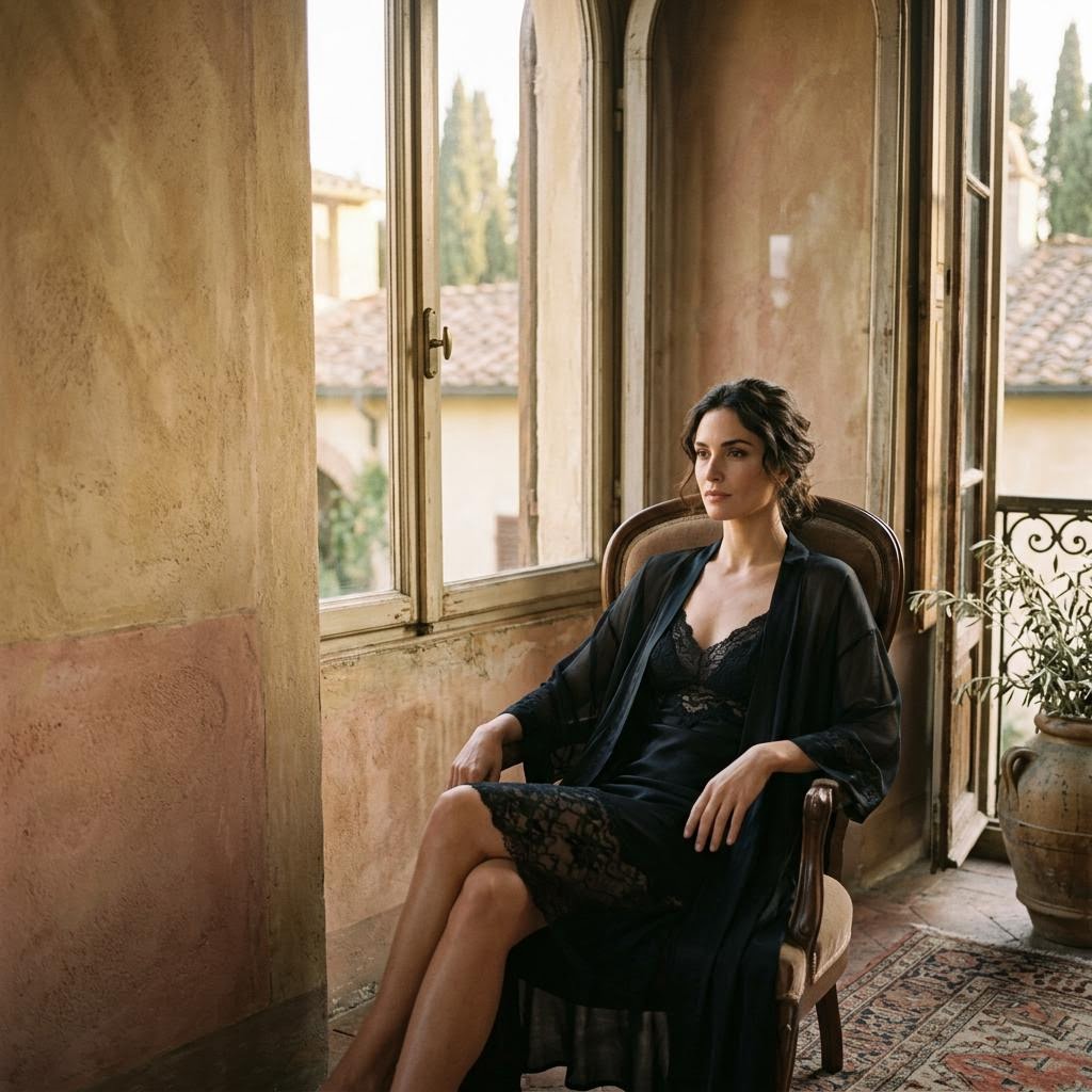 Aurelia Intima editorial campaign: a model in elegant lingerie in a softly sunlit palazzo. Campaign imagery, not a product photograph.